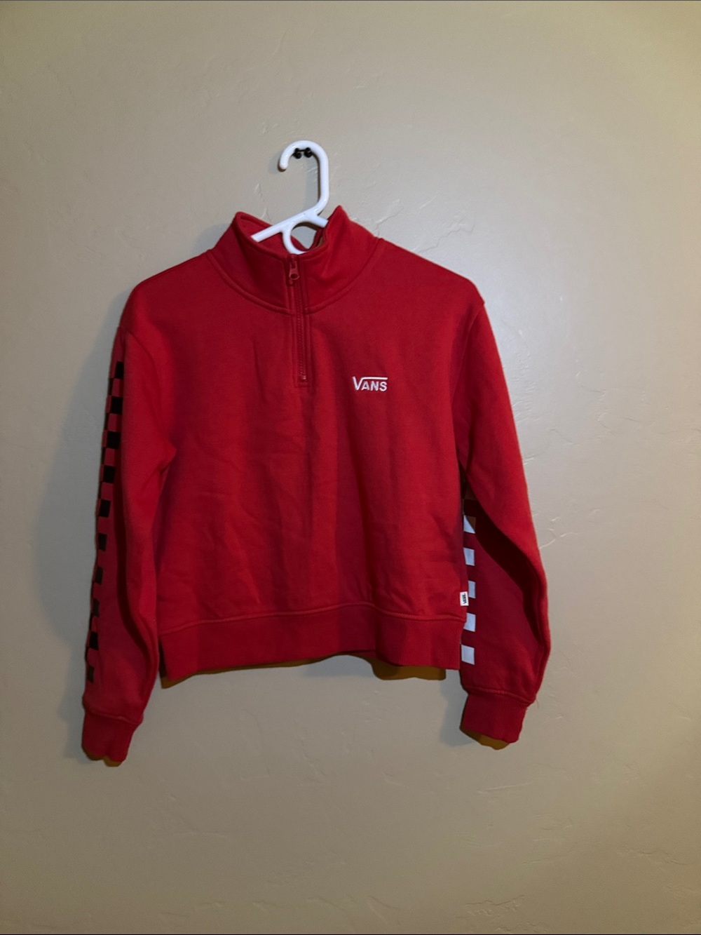 Vans Red Half-Zip Cowl Turtleneck Sweatshirt with Checkerboard Sleeves